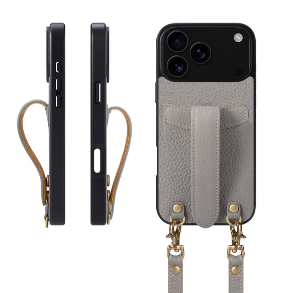 iPhone 17 ProMax ケース 本革 落下防止ベルト ショルダー付き 2色