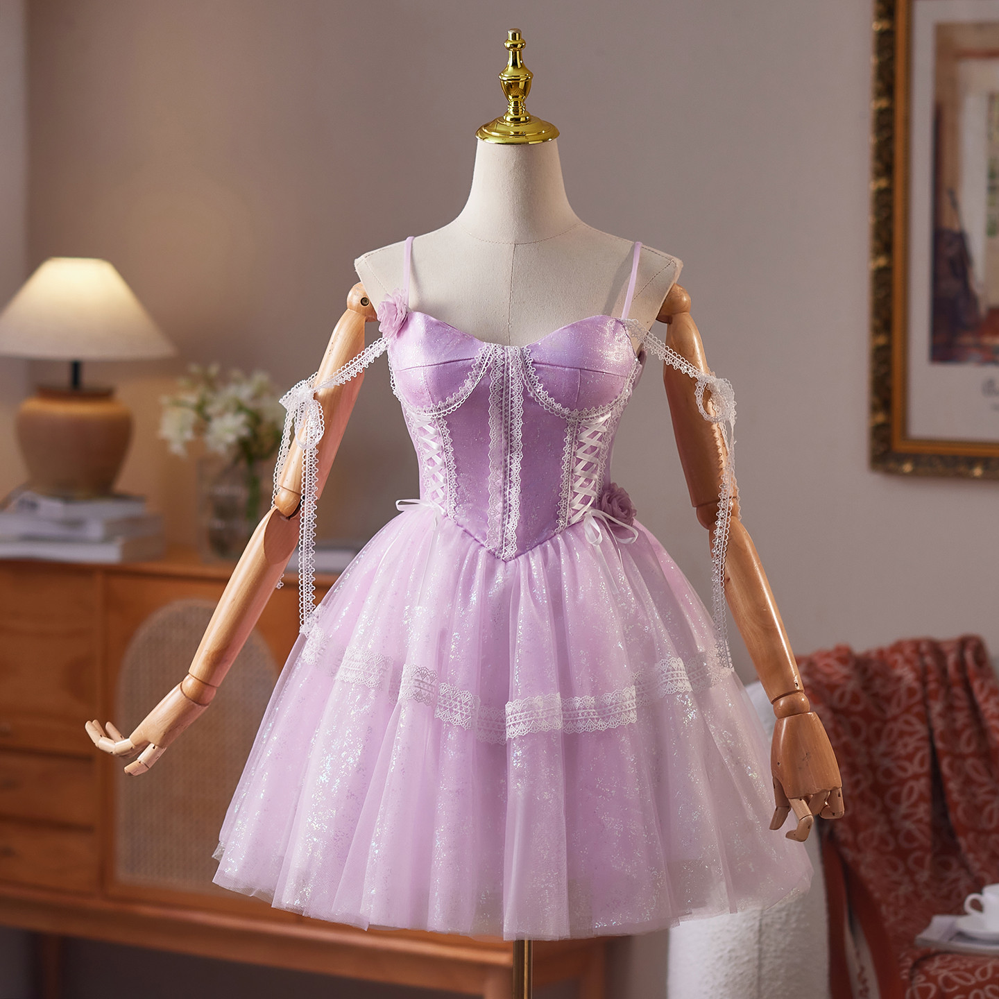 紫 レース ショート丈 可愛い 綺麗 プリンセス パーティードレス 二次会 ウェディングドレス お呼ばれ LJ-683