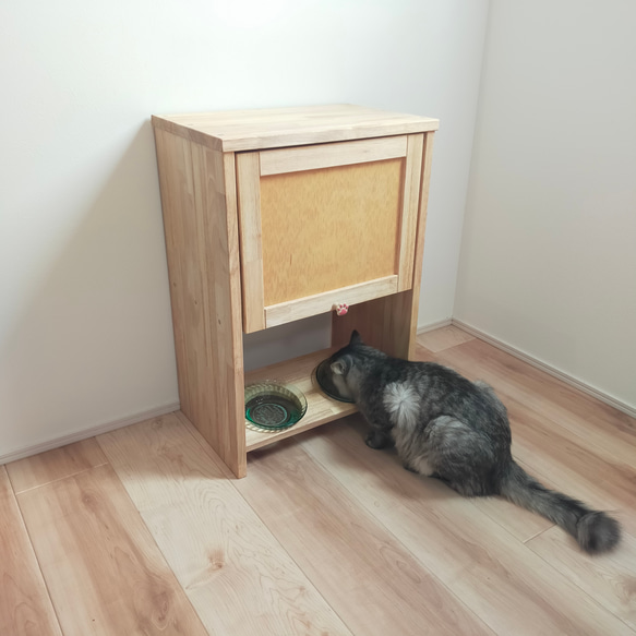 猫のごはん台(2口) フードストッカー 愛猫 収納 ペット家具