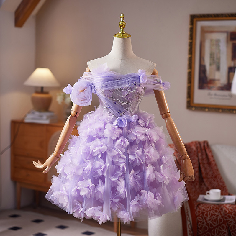 紫 ふわふわ ショート丈 可愛い 綺麗 プリンセス パーティードレス 二次会 ウェディングドレス お呼ばれ LJ-681