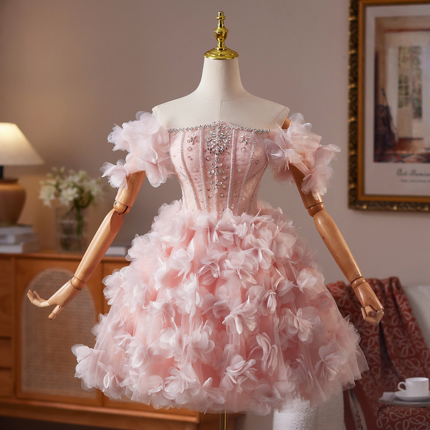 ピンク ふわふわ ショート丈 可愛い プリンセス パーティードレス 二次会 ウェディングドレス お呼ばれ LJ-680