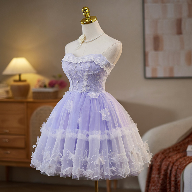 紫 ふわふわ ショート丈 可愛い プリンセス パーティードレス 二次会 ウェディングドレス お呼ばれ LJ-679