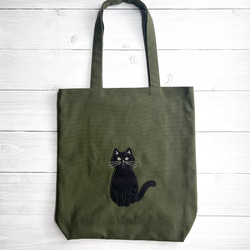 おすわりネコのアップリケ トートバック 黒ねこ トートバッグ Chaton
