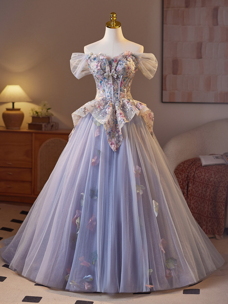 紫 ふわふわ オフショルダー ロング プリンセス パーティードレス 二次会 ウェディングドレス お呼ばれ LJ-672