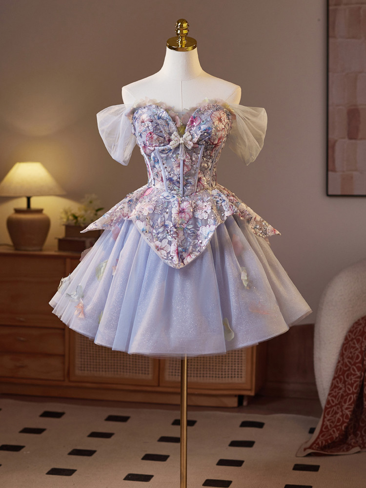 紫 ふわふわ グリッター ショート丈 可愛い パーティードレス 二次会 ウェディングドレス お呼ばれ LJ-671