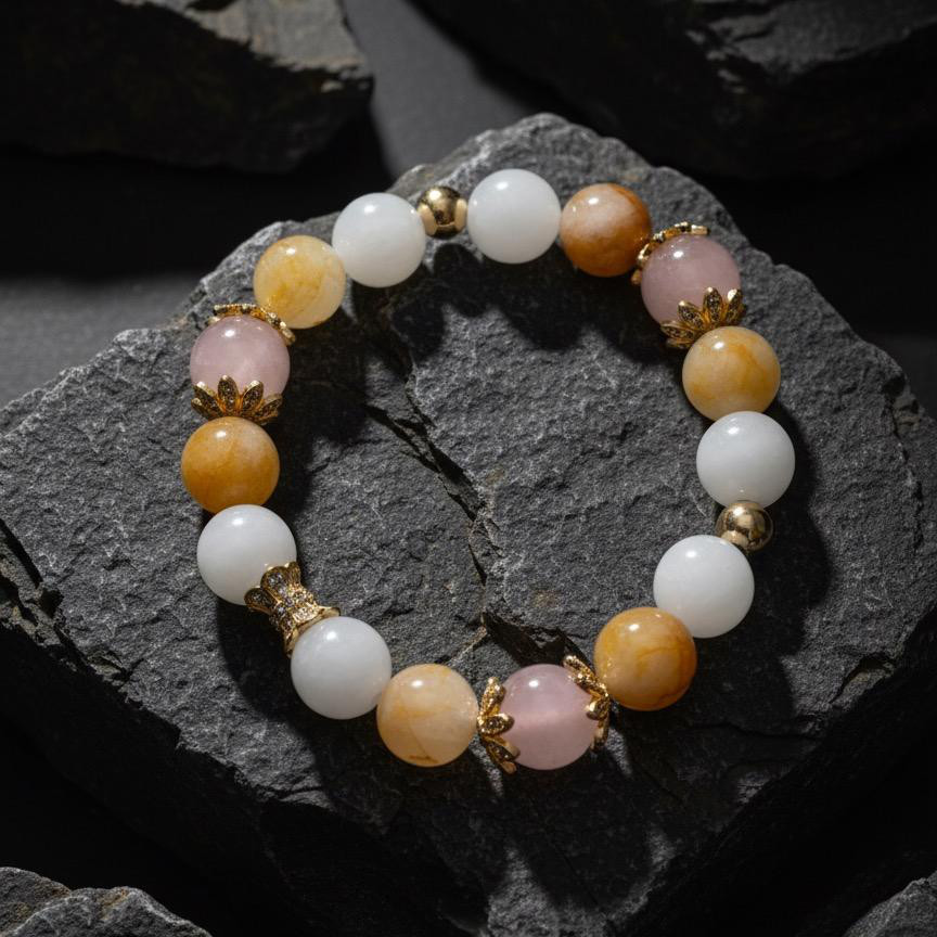 和田玉×黄ラビットファー×ローズクォーツ 天然石ブレスレット