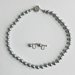 貝磨きパールオールノットネックレスセットケース付/8mmネックレス+イヤリング/グレー/made in japan 2枚目の画像