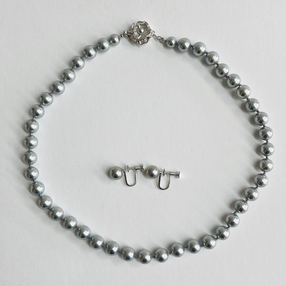 貝磨きパールオールノットネックレスセットケース付/8mmネックレス+イヤリング/グレー/made in japan 2枚目の画像