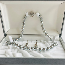 貝磨きパールオールノットネックレスセットケース付/8mmネックレス+イヤリング/グレー/made in japan 1枚目の画像