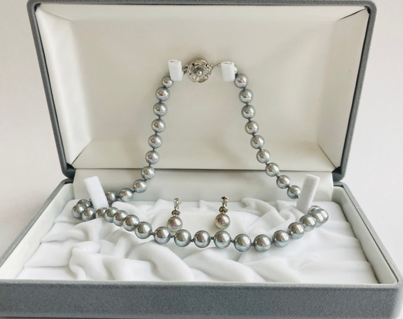 貝磨きパールオールノットネックレスセットケース付/8mmネックレス+イヤリング/グレー/made in japan 1枚目の画像