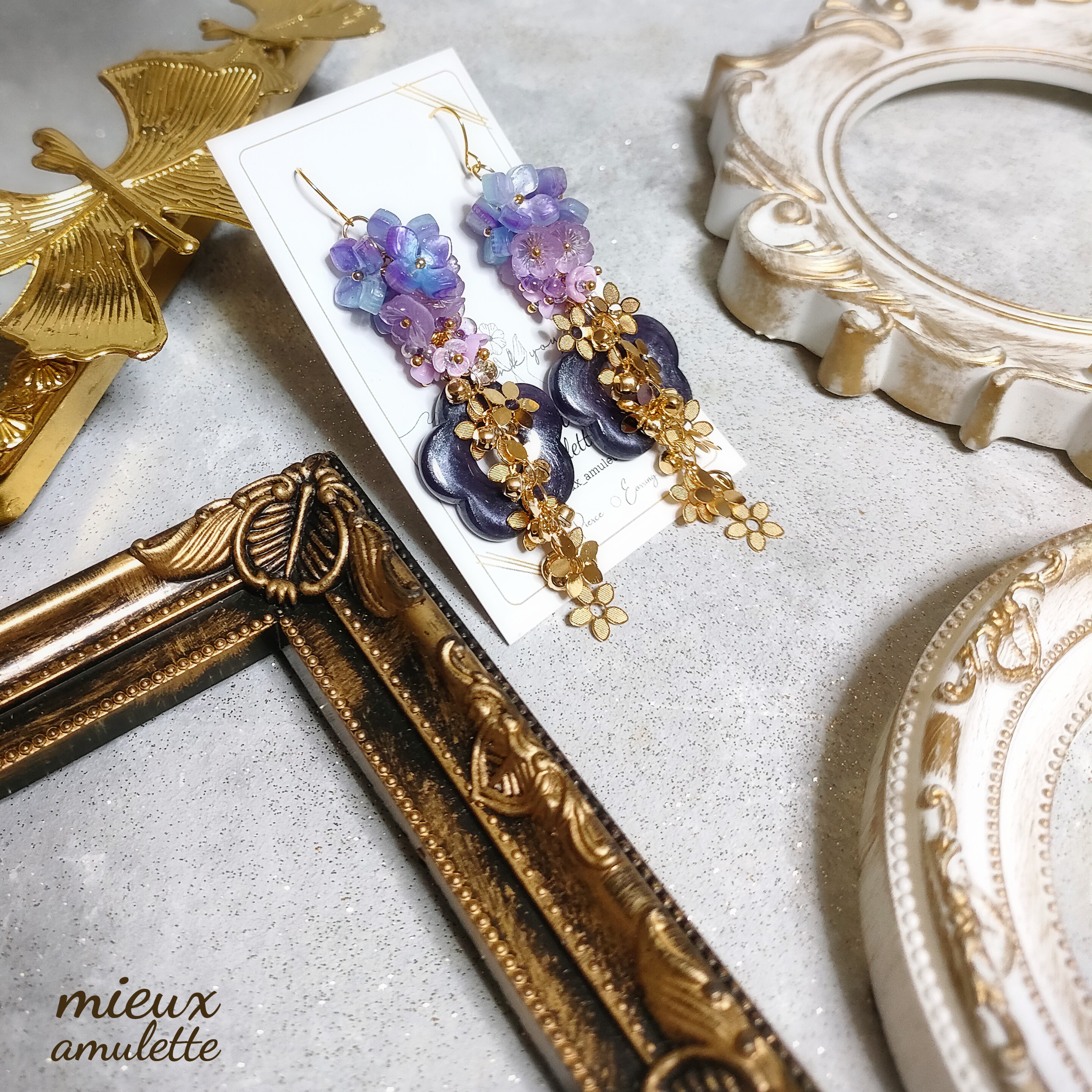 パープル 紫 花 フラワー 大ぶり ピアス イヤリング 1点物アクセサリー 推し活 ハンドメイドアクセサリー