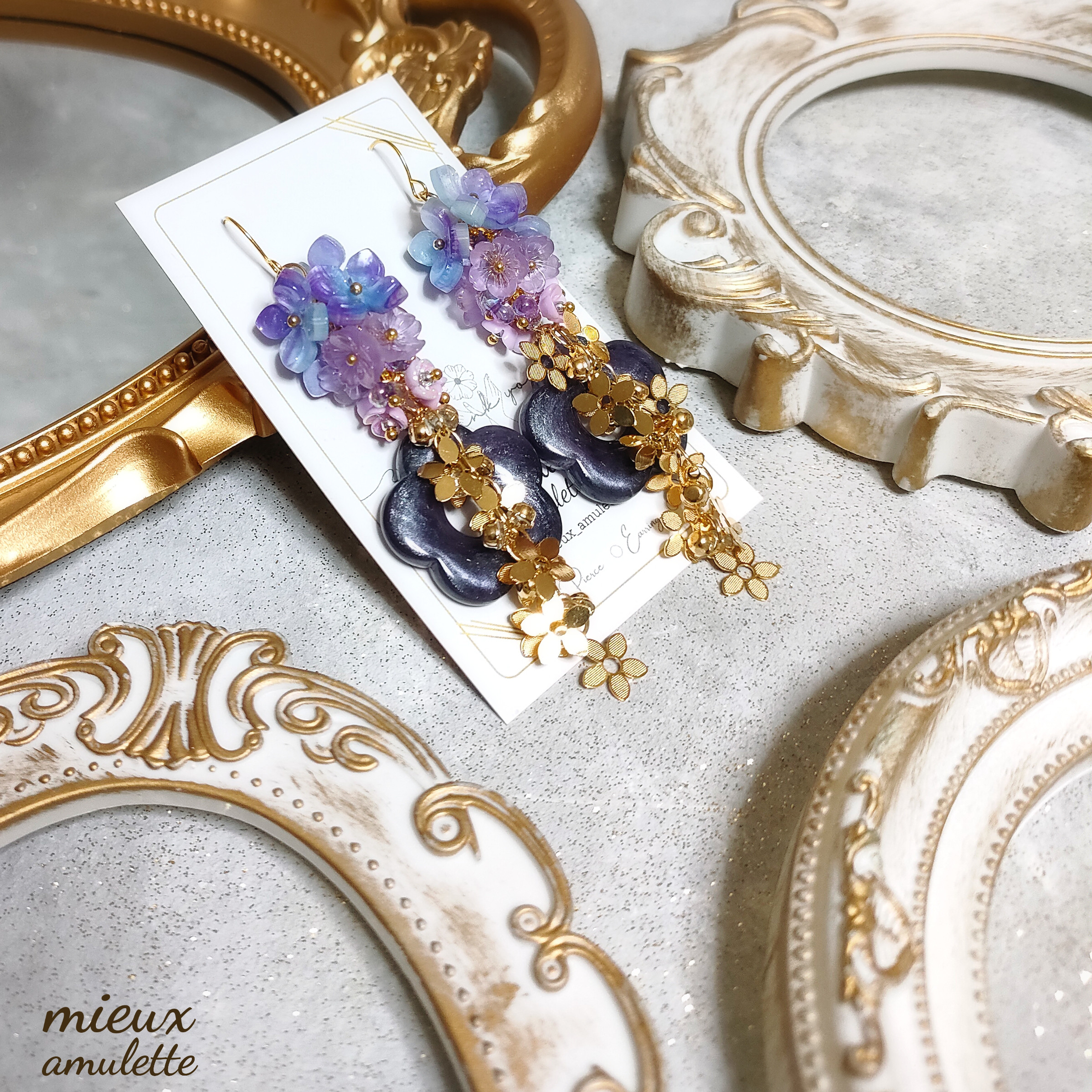 パープル 紫 花 フラワー 大ぶり ピアス イヤリング 1点物アクセサリー 推し活 ハンドメイドアクセサリー