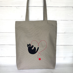 おすわりネコのアップリケ トートバック 黒ねこ トートバッグ Chaton