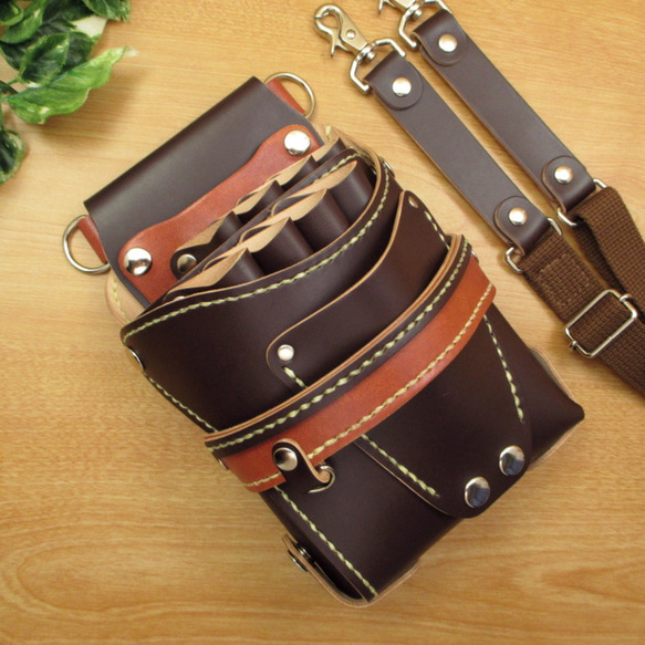 【トリマー向き】  本革　８丁差し シザーケース  ( ダークブラウン×茶色 )　TSC-13/CDB 1枚目の画像