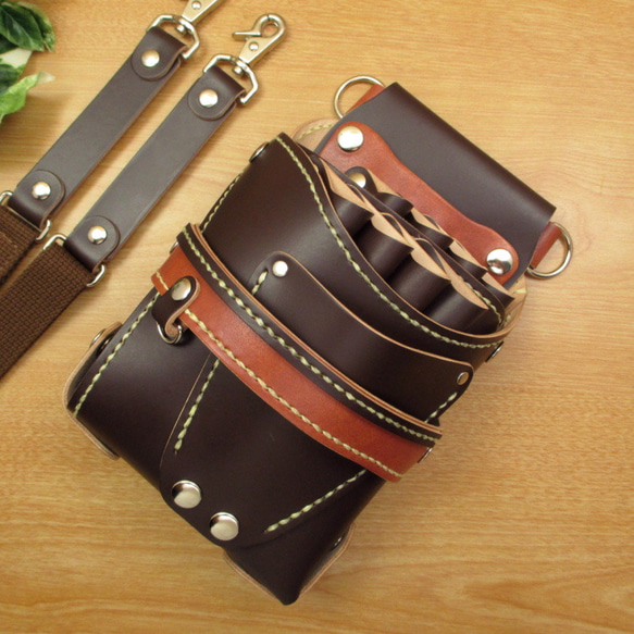 【トリマー向き】  本革　８丁差し シザーケース  ( ダークブラウン×茶色 )　TSC-13/CDB 2枚目の画像