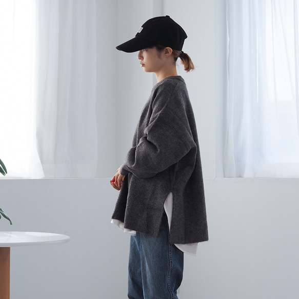 オーバーサイズ サイドスリットニット Little B チャコールグレー(長袖