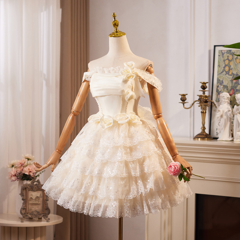 シャンパン色 ショート丈 可愛い 綺麗 プリンセス パーティードレス 二次会 ウェディングドレス お呼ばれ LJ-663