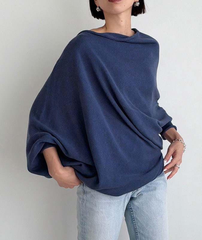 【天然素材・綿麻】アートシルエットニット　smoky blue(くすみブルー)