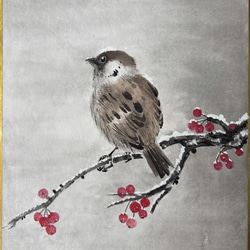 孤雀 傲蓮の華 枯れた蓮 静寂 小鳥 水草 絵画 水墨画 掛け軸 絵画