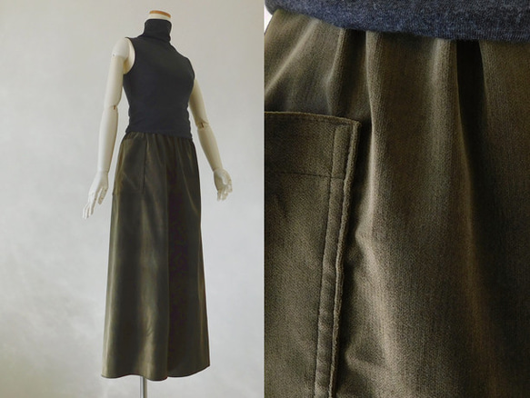 秋冬別珍のワイドパンツ・オリーブ/ブラック 1枚目の画像