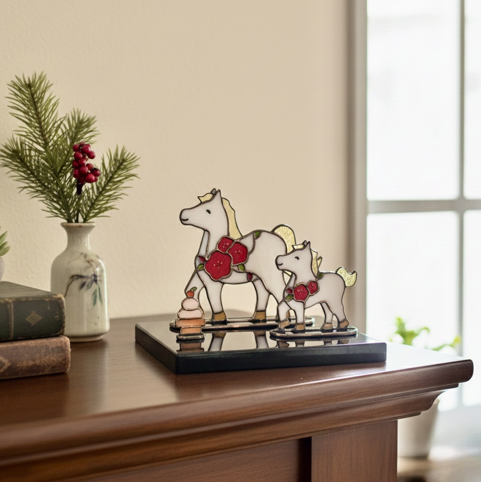 2026年の干支、ステンドグラス、干支の置物(小）、午　うま