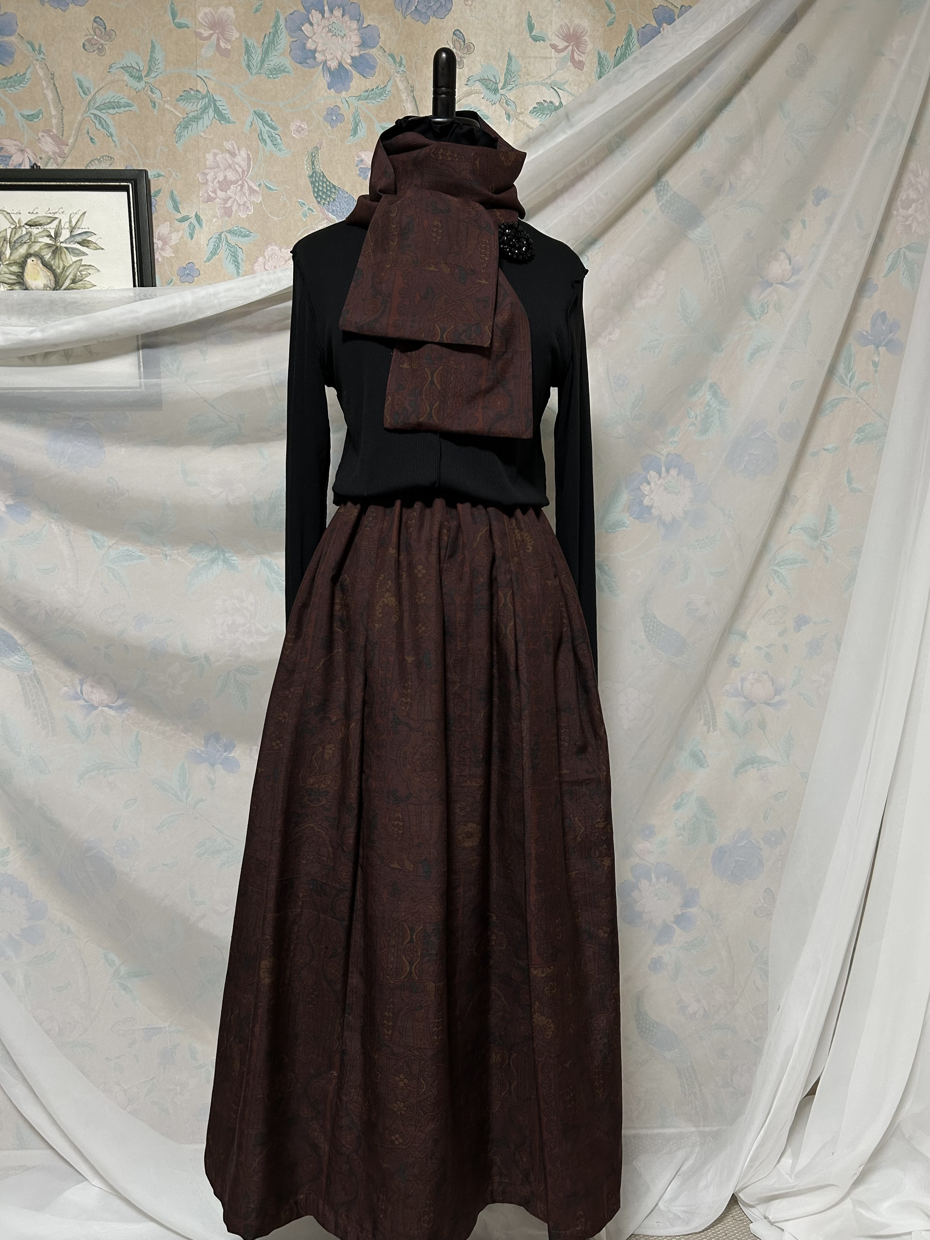 更紗模様の紬　レンガ色　スカート絹裏地付き&ロングストール　着物リメイク　ハンドメイド