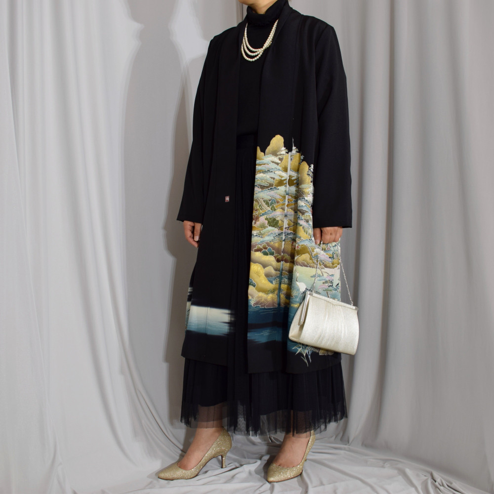 着物リメイク羽織コート｜黒留め袖を使用した上品で華やかなカーディガン風デザイン〈一点物〉