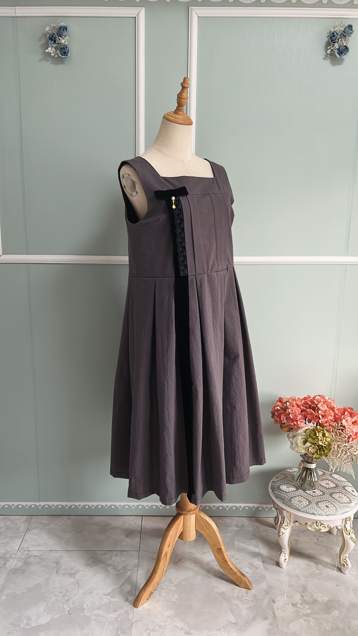 【別珍リボンワンピース】gray