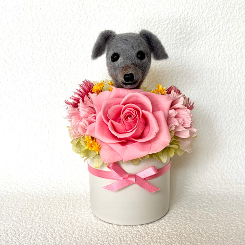 豚さんのお花畑で犬の散歩飾り　カッティングボード飾り　編みぐるみ　壁飾り お花畑の中からちょこんと顔出す イタリアングレーハウンド