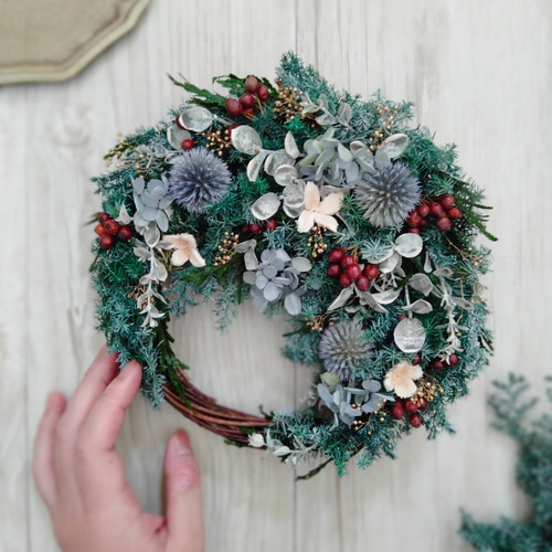 森のクリスマスリース シルバーグリーン 三日月リース プリザーブド