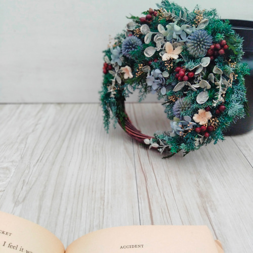 森のクリスマスリース シルバーグリーン 三日月リース プリザーブド