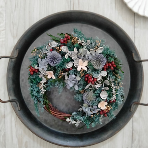 森のクリスマスリース シルバーグリーン 三日月リース プリザーブド