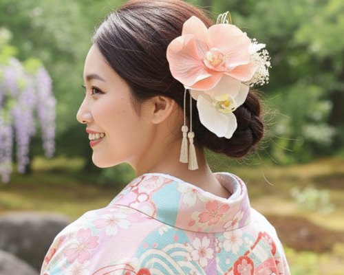 胡蝶蘭のサーモンピンク髪飾り 卒業式 成人式 結婚式 髪かざり 前撮り