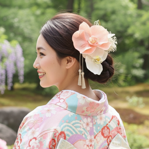 胡蝶蘭のサーモンピンク髪飾り 卒業式 成人式 結婚式 髪かざり 前撮り