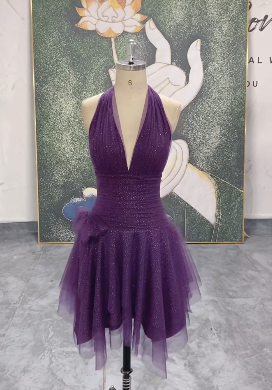 パープル紫　ミニドレス　きらきらグッリター　ラメ入り　ホルターネック　ノースリーブ　ふんわりチュール　パーティー音楽会