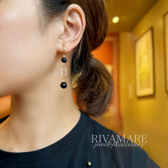 ミッドナイトブルーアンバー アールデコ バルティックアンバー   天然琥珀 ピアス イヤリング変更可 3枚目の画像