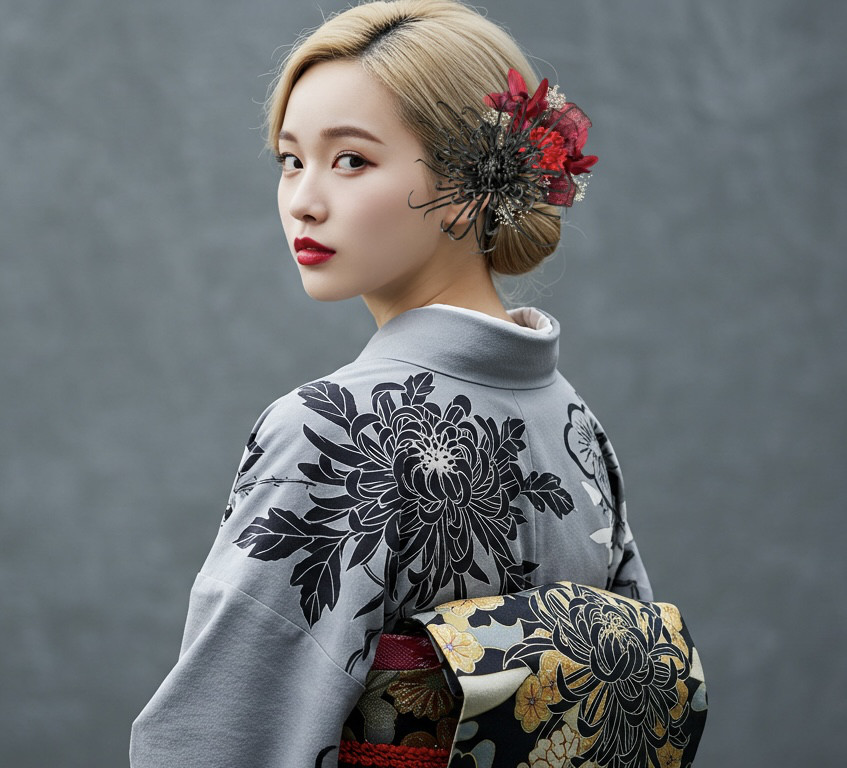 和装髪飾り 糸菊 リボン かすみ草 和装ヘア 大輪花 結婚式 成人式 モダン