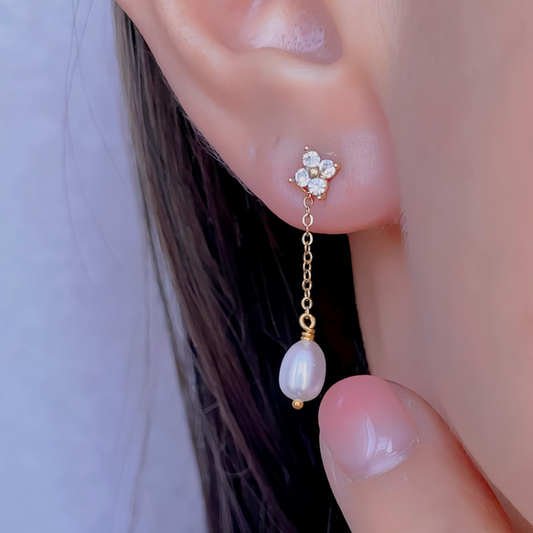【3way】輝く CZダイヤ フラワー ピアス+淡水パール チャーム SET◆金属アレルギー対応 サージカルステンレス 1枚目の画像
