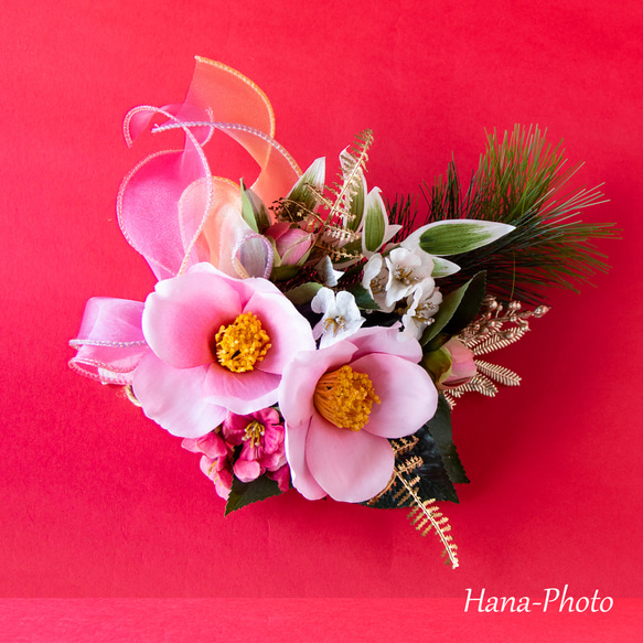 新作＞大輪のピンクの椿と紅梅、白梅の華やぎお正月スワッグ　　 (521) 17枚目の画像