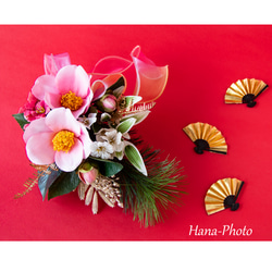 新作＞大輪のピンクの椿と紅梅、白梅の華やぎお正月スワッグ　　 (521) 11枚目の画像