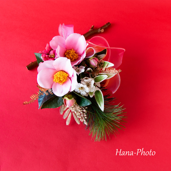 新作＞大輪のピンクの椿と紅梅、白梅の華やぎお正月スワッグ　　 (521) 16枚目の画像