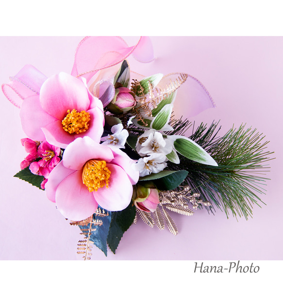 新作＞大輪のピンクの椿と紅梅、白梅の華やぎお正月スワッグ　　 (521) 15枚目の画像