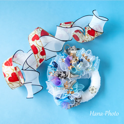 新作＞ブルーとホワイトのブルークリスマスのリボン・リース  　　 リース台：約15㎝ (523) 1枚目の画像