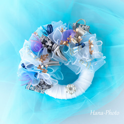 新作＞ブルーとホワイトのブルークリスマスのリボン・リース  　　 リース台：約15㎝ (523) 17枚目の画像