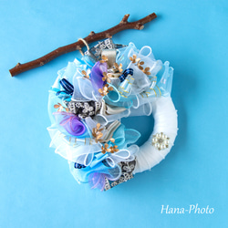 新作＞ブルーとホワイトのブルークリスマスのリボン・リース  　　 リース台：約15㎝ (523) 12枚目の画像