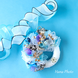 新作＞ブルーとホワイトのブルークリスマスのリボン・リース  　　 リース台：約15㎝ (523) 11枚目の画像