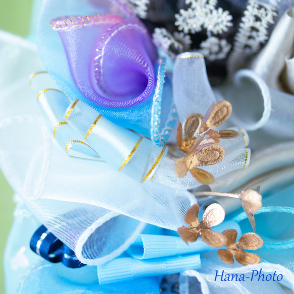 新作＞ブルーとホワイトのブルークリスマスのリボン・リース  　　 リース台：約15㎝ (523) 13枚目の画像