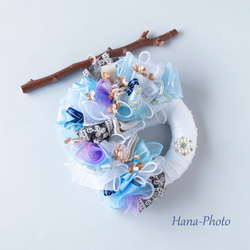 新作＞ブルーとホワイトのブルークリスマスのリボン・リース  　　 リース台：約15㎝ (523) 15枚目の画像