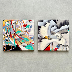 着物のファブリックパネル　鷹と御者車(2枚セット）30×30cm インテリア　着物　ギフト　七五三　正月　秋 2枚目の画像