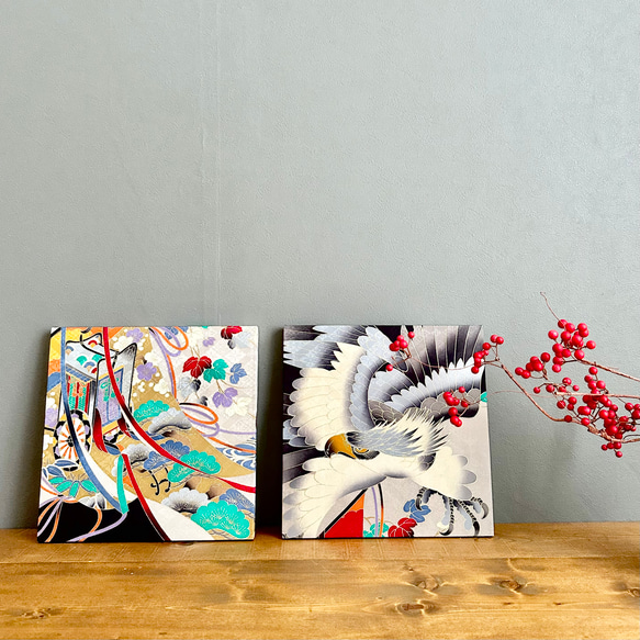 着物のファブリックパネル　鷹と御者車(2枚セット）30×30cm インテリア　着物　ギフト　七五三　正月　秋 11枚目の画像